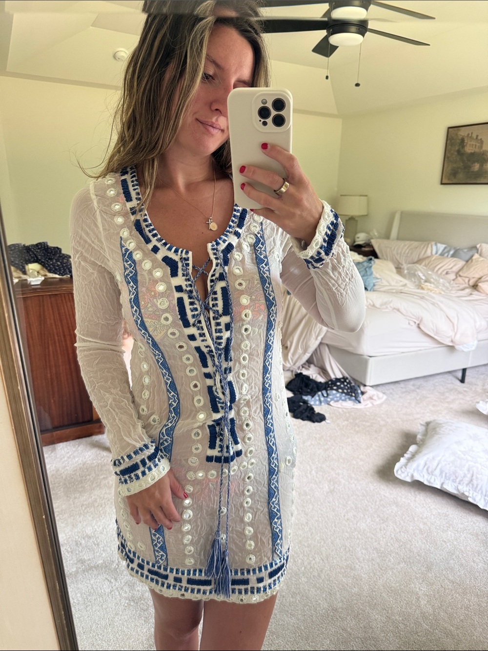 Pia Pauro White and blue sheer beaded lace up long sleeve swim cover up dress